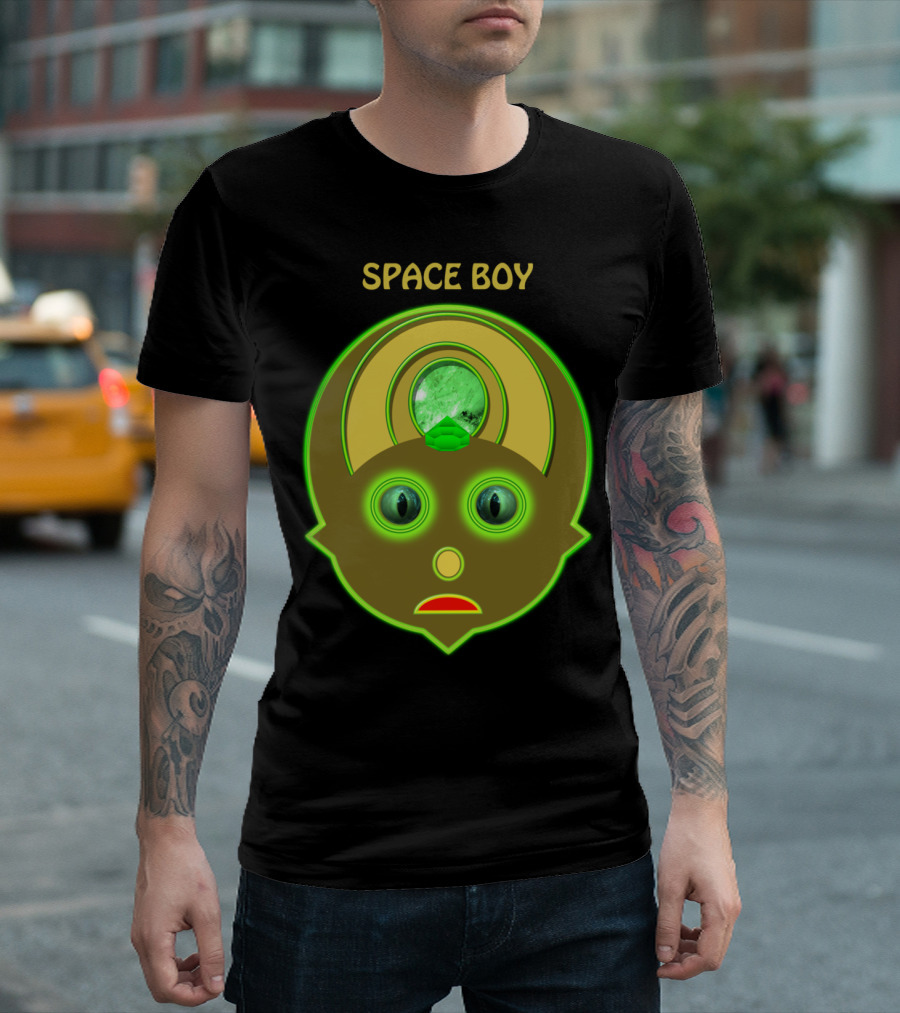 Space Boy Neon Alien Face Green Gem Eyes T-Shirt