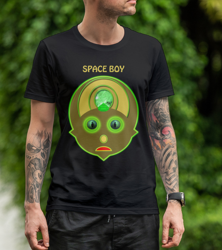Space Boy Neon Alien Face Green Gem Eyes T-Shirt