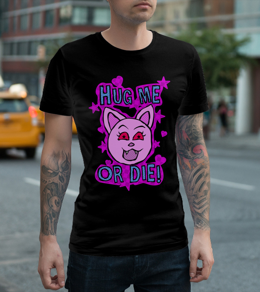 Hug Me Or Die Pink Vampire Cat Face with Stars and Hearts T-Shirt