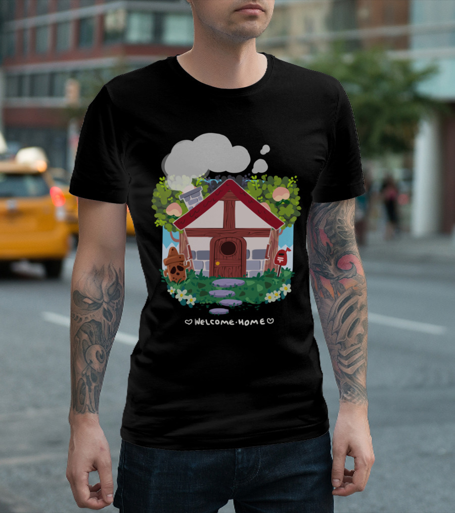 Welcome Home Cottage with Smoke Clouds and Flowers T-Shirt
