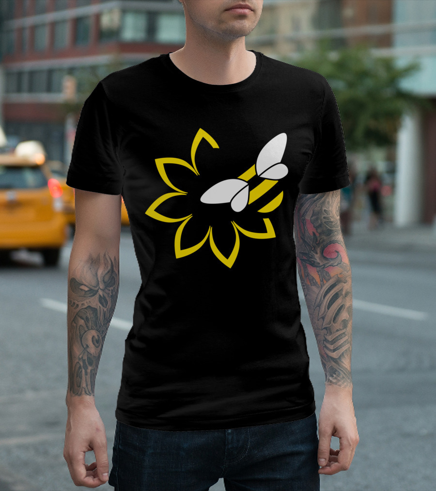 Bee On The Flower Yellow and Black Stripes White Wings Floral Outline T-Shirt