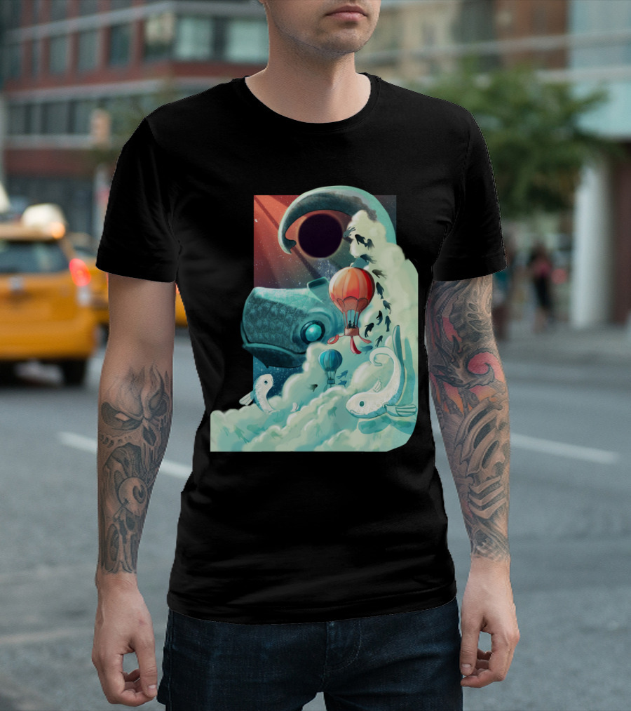 Space Oddity Surreal Cosmic Adventure with Dinosaurs and Hot Air Balloons T-Shirt