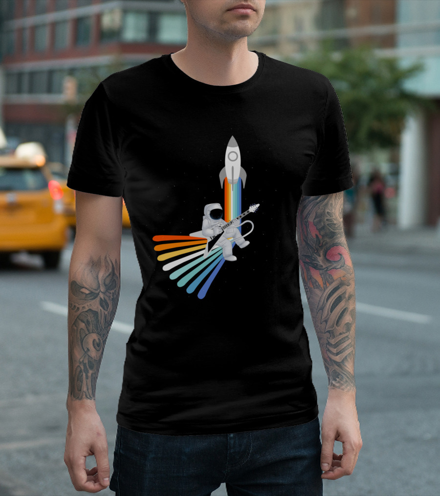 Space Rock Et Man Astronaut with Guitar and Rocket Burst T-Shirt