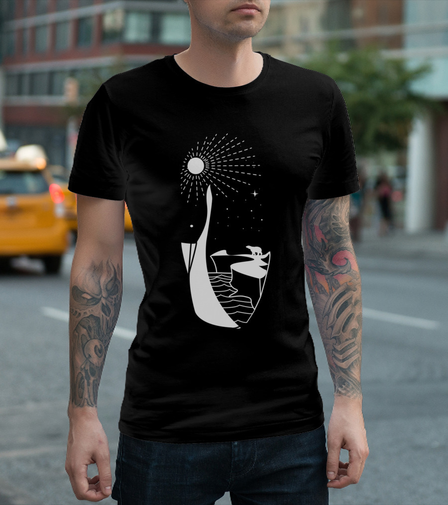 Frosty Habitats Polar Bear Under Starry Night with Icebergs and Sunburst T-Shirt