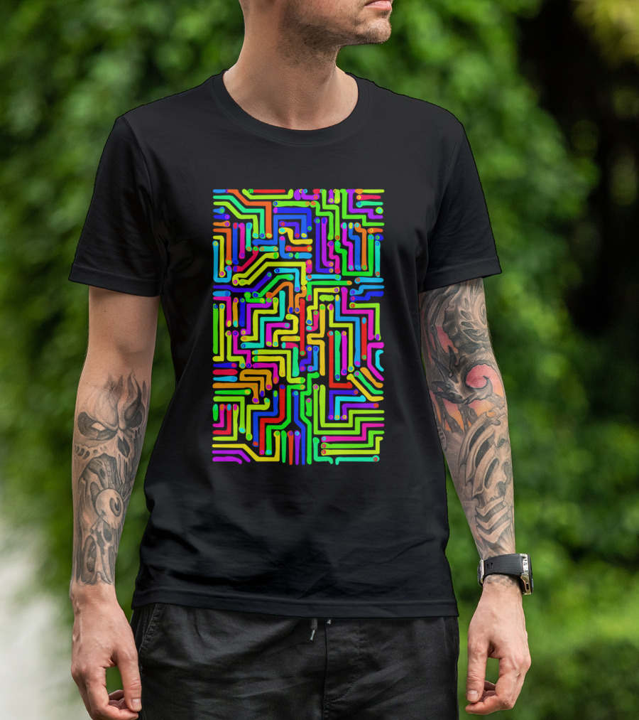 Colorful Circuit Board Neon Maze Geometry T-Shirt