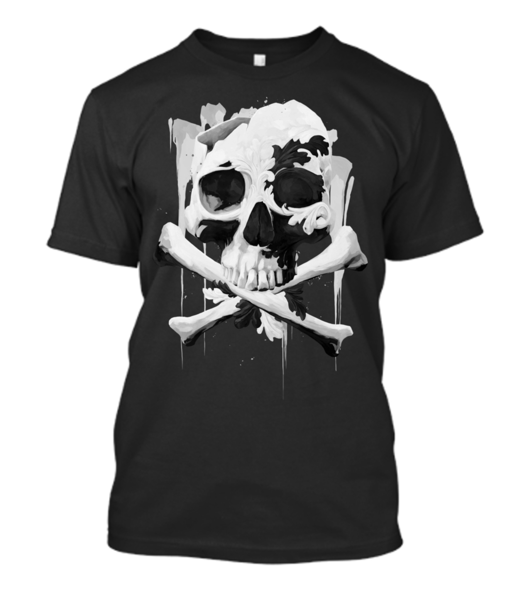 Ornate Skull With Crossbones On Dripping Gray Background T-Shirt