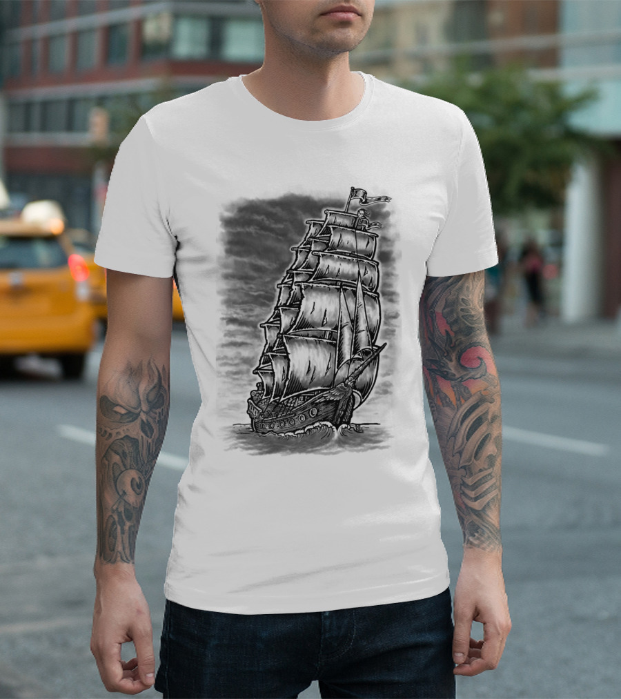 Caleuche Ghost Ship Blackline Mythical Pirate Vessel T-Shirt