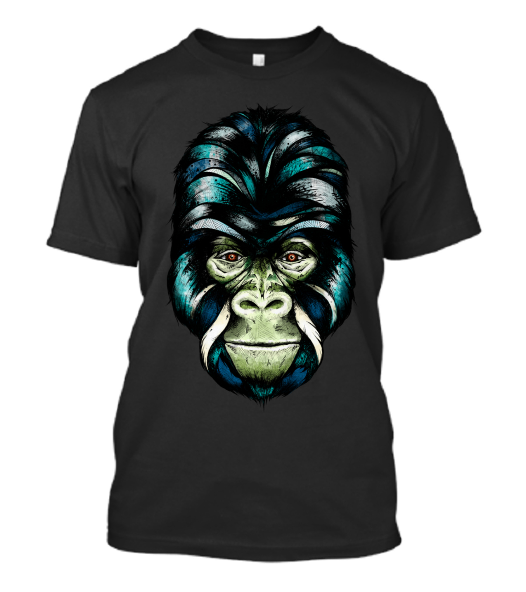 Gorilla Tribal Face With Blue And Green Accents T-Shirt