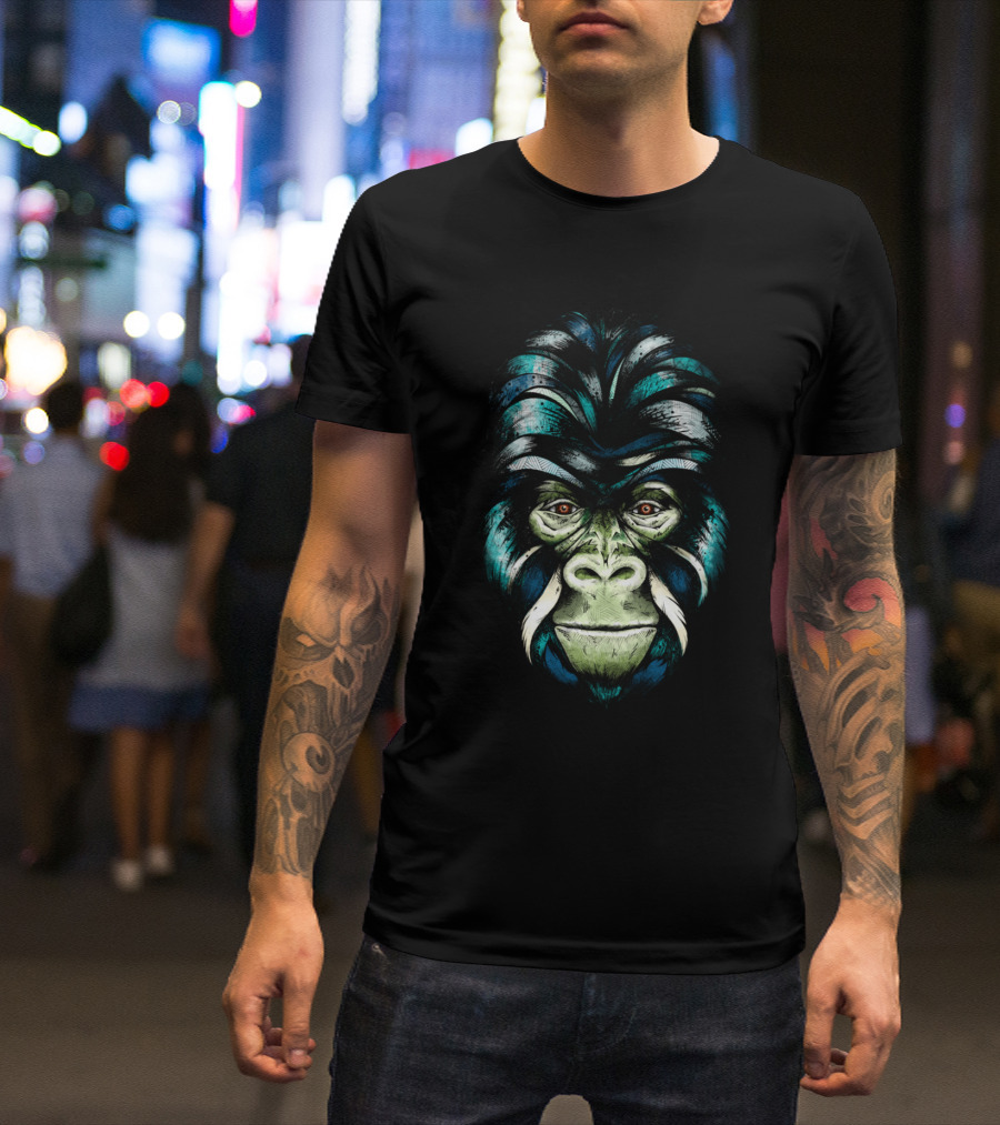Gorilla Tribal Face With Blue And Green Accents T-Shirt