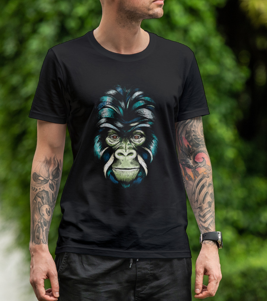 Gorilla Tribal Face With Blue And Green Accents T-Shirt