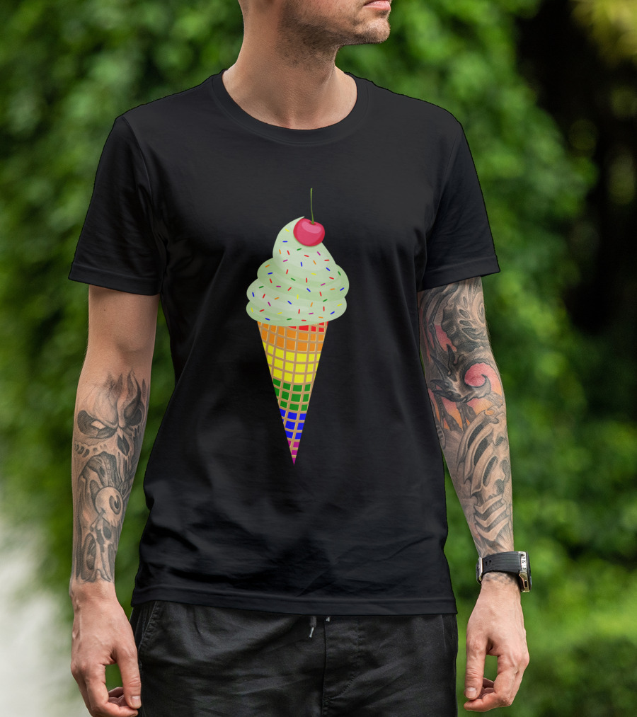 Colorful Rainbow Ice Cream Cone With Cherry And Sprinkles T-Shirt