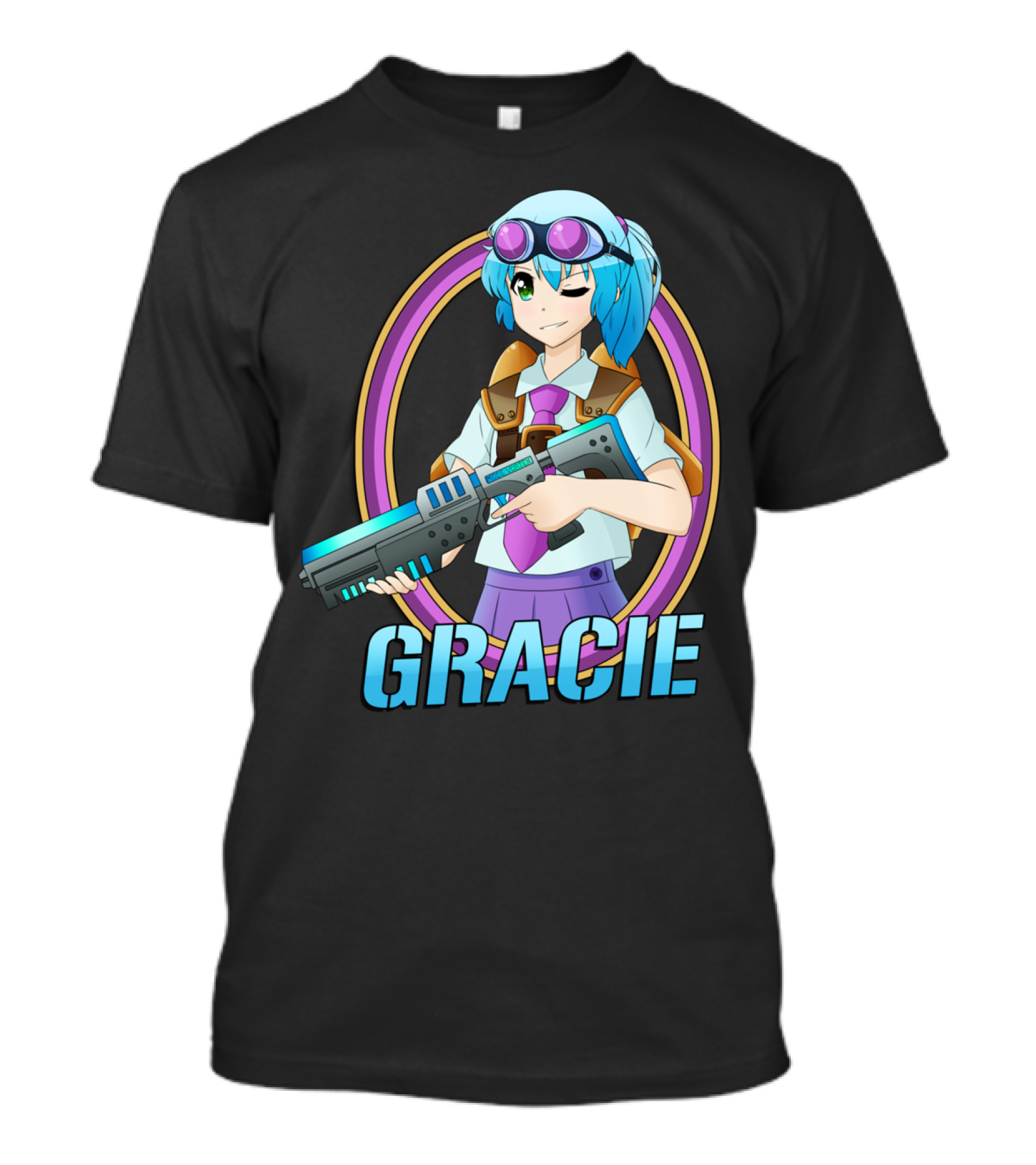 GRACIE Anime Girl With Blue Hair And Laser Gun T-Shirt