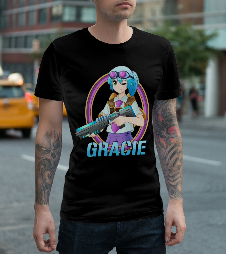 GRACIE Anime Girl With Blue Hair And Laser Gun T-Shirt