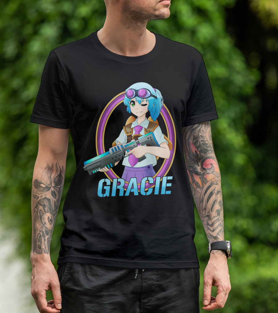 GRACIE Anime Girl With Blue Hair And Laser Gun T-Shirt
