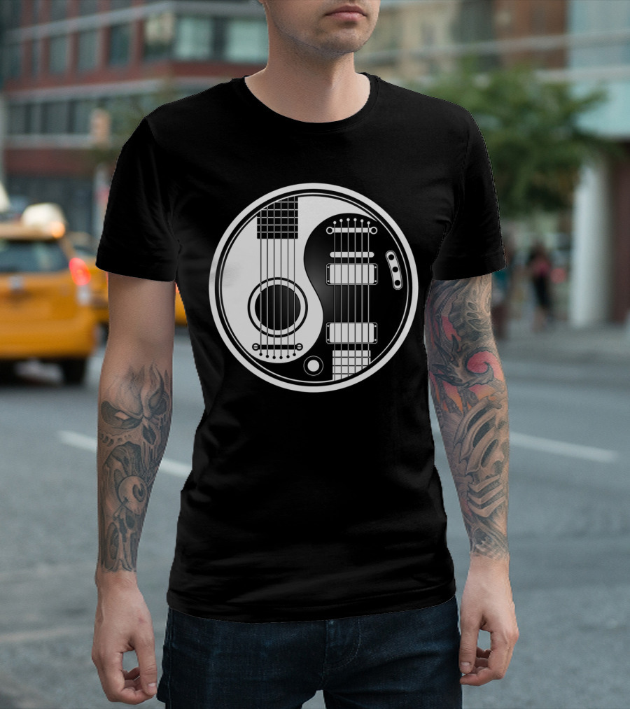 White and Black Acoustic Electric Guitars Yin Yang Circle T-Shirt