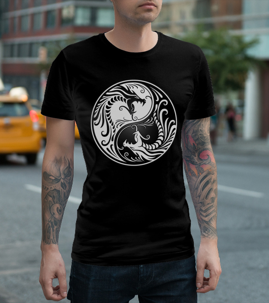 Yin Yang Symbol with White and Black Dragons T-Shirt