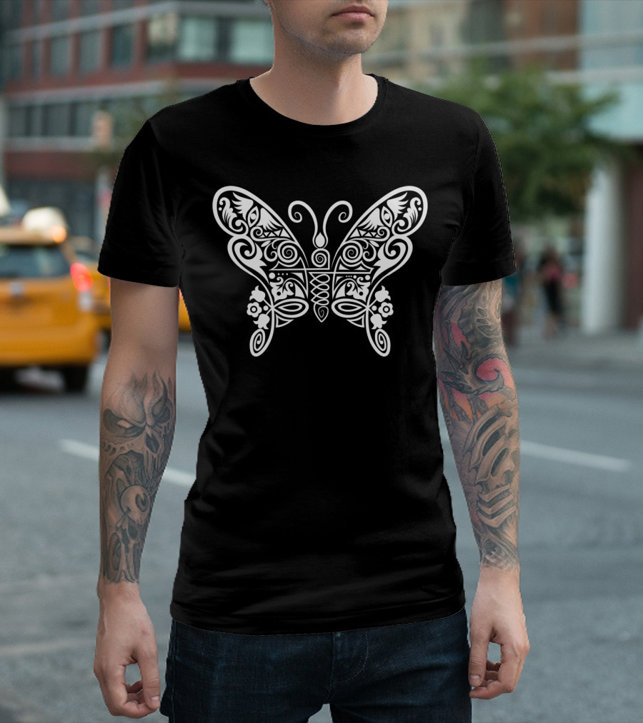 Ornate White Butterfly Intricate Tribal T-Shirt