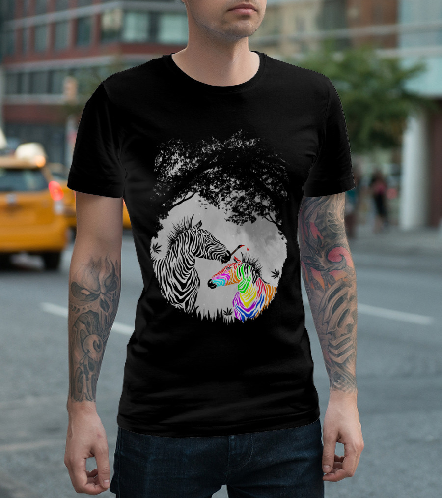 Colorful Zebra Under Tree with Black and White Zebra T-Shirt