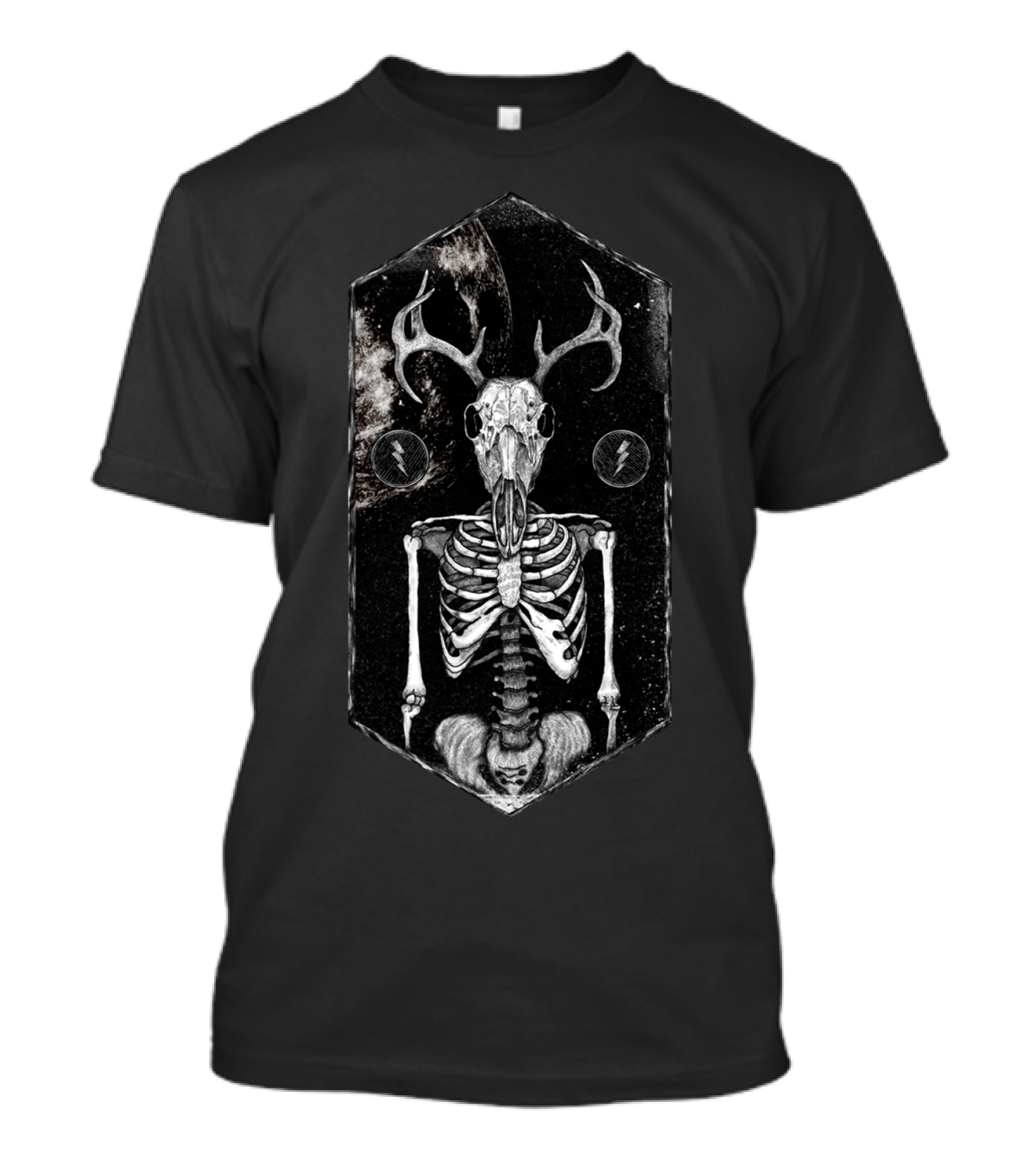 Human Deer Skull Skeleton With Antlers And Lightning Symbols T-Shirt