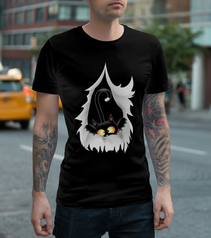 Fun Cartoon Cat Peeking Through Ripped Fabric T-Shirt