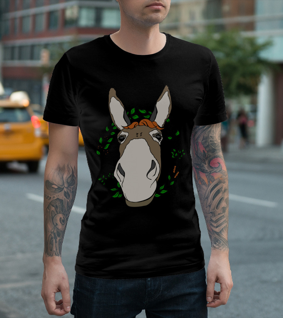 Donkey Esel Face Surrounded by Green Leaves and Floral Elements T-Shirt