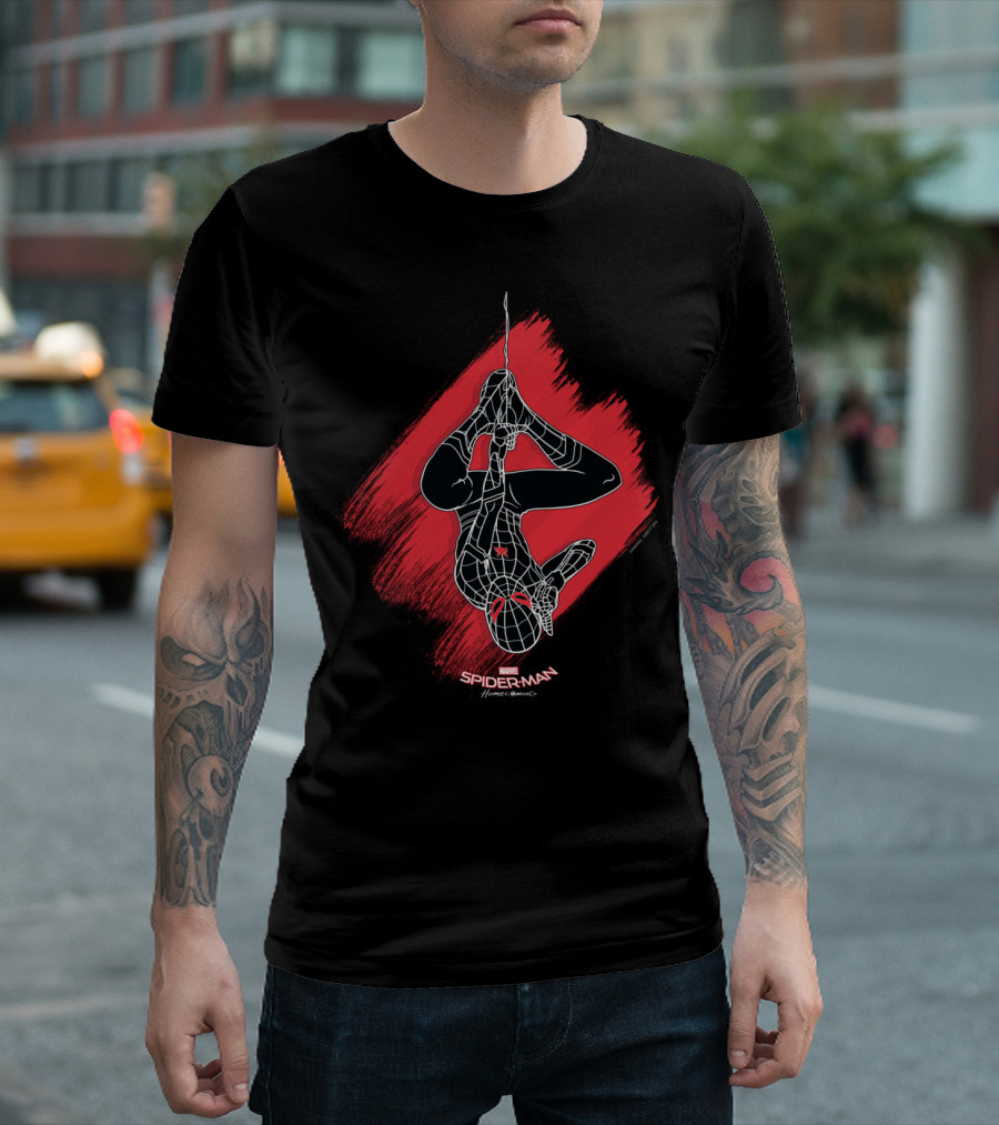 MARVEL Spider Man Homecoming Upside Down Red Brushstroke Iconic Pose T-Shirt