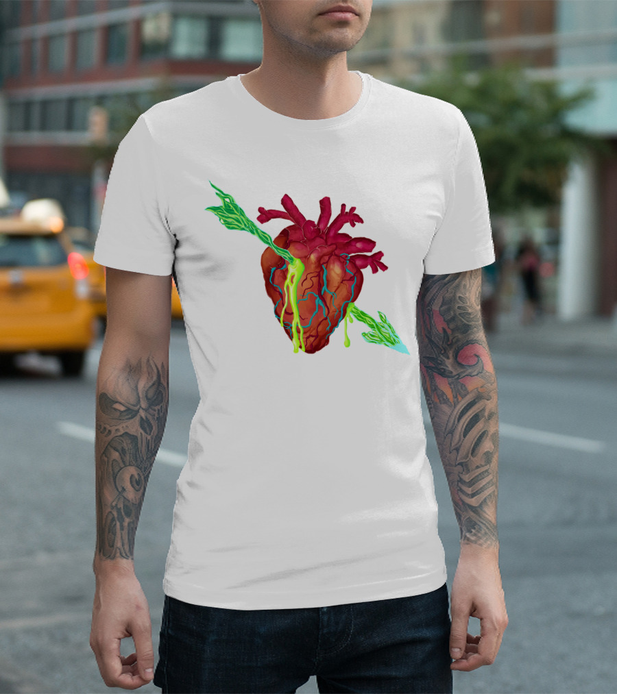 Heart Speared by Neon Green Arrow With Vivid Veins T-Shirt