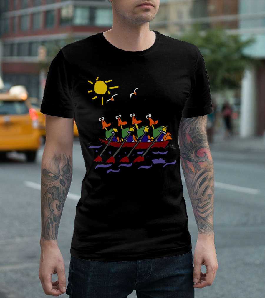 Funky Cool Cartoon Ducks in Rowboat Under Sunny Sky with Seagulls T-Shirt