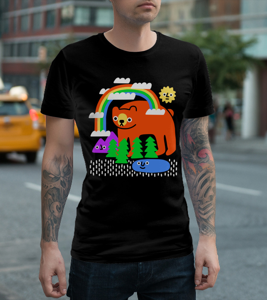 Funky Forest Bear with Rainbow and Happy Sun in Colorful Woodland Scene T-Shirt
