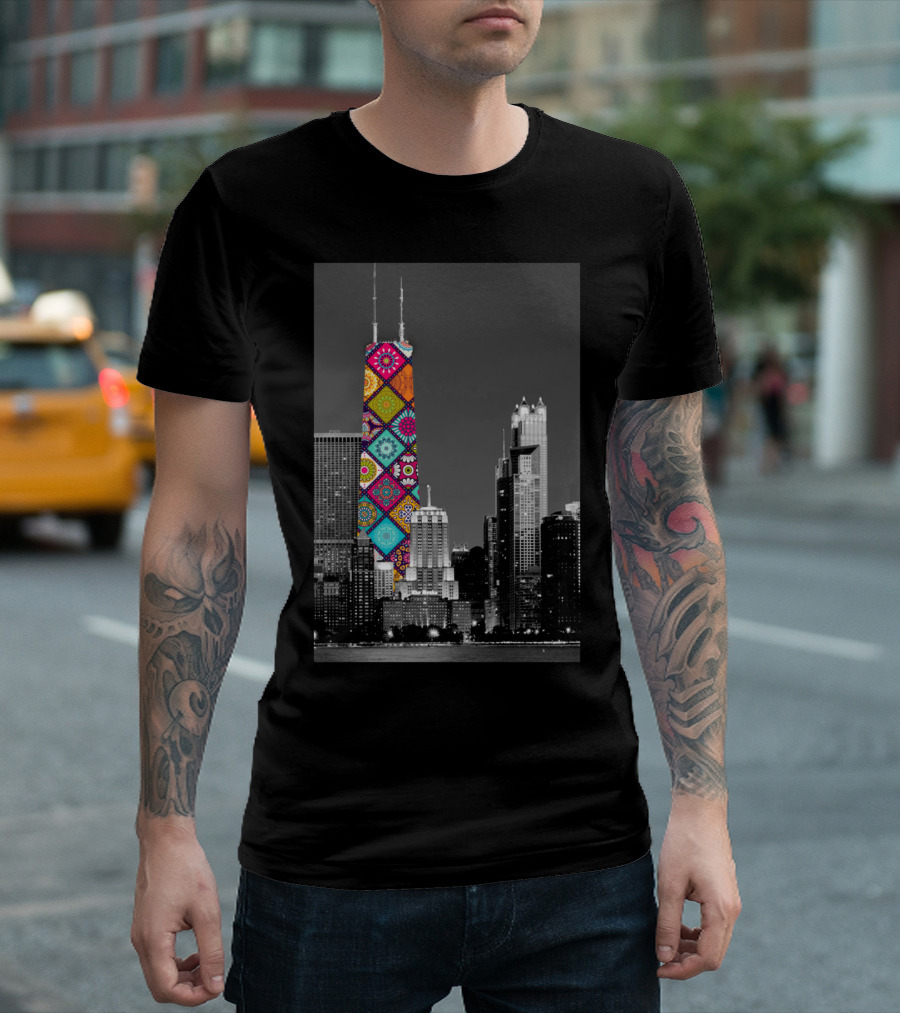 Funky Landmark Chicago Hancock Colorful Pattern Skyscraper T-Shirt
