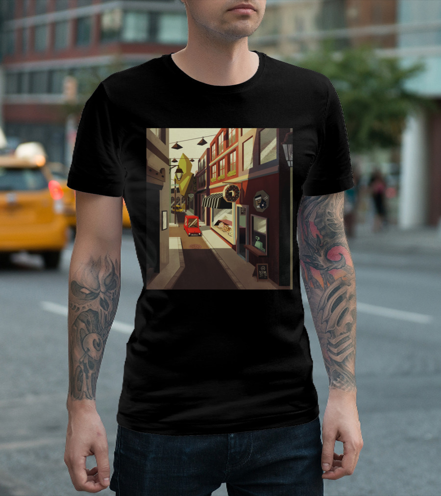 Donut Street City Alleyway with Bakery and Red Car T-Shirt