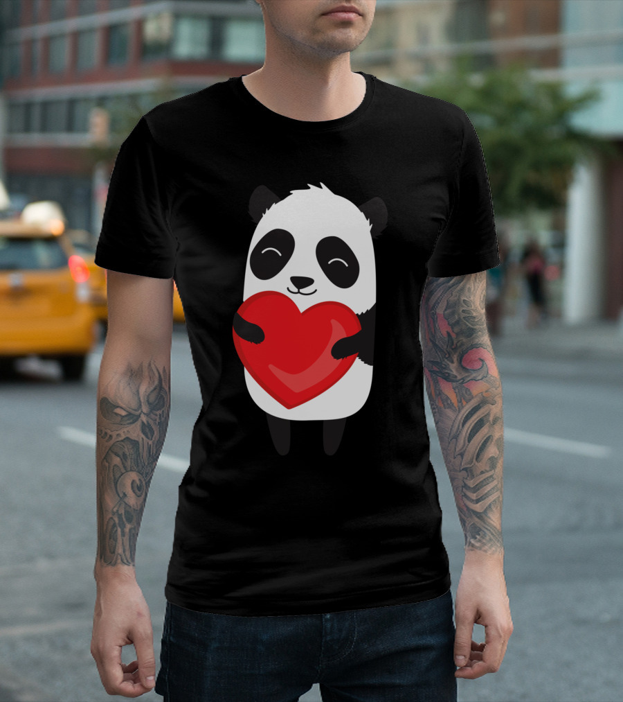 Panda Hugging Red Heart with Happy Expression T-Shirt