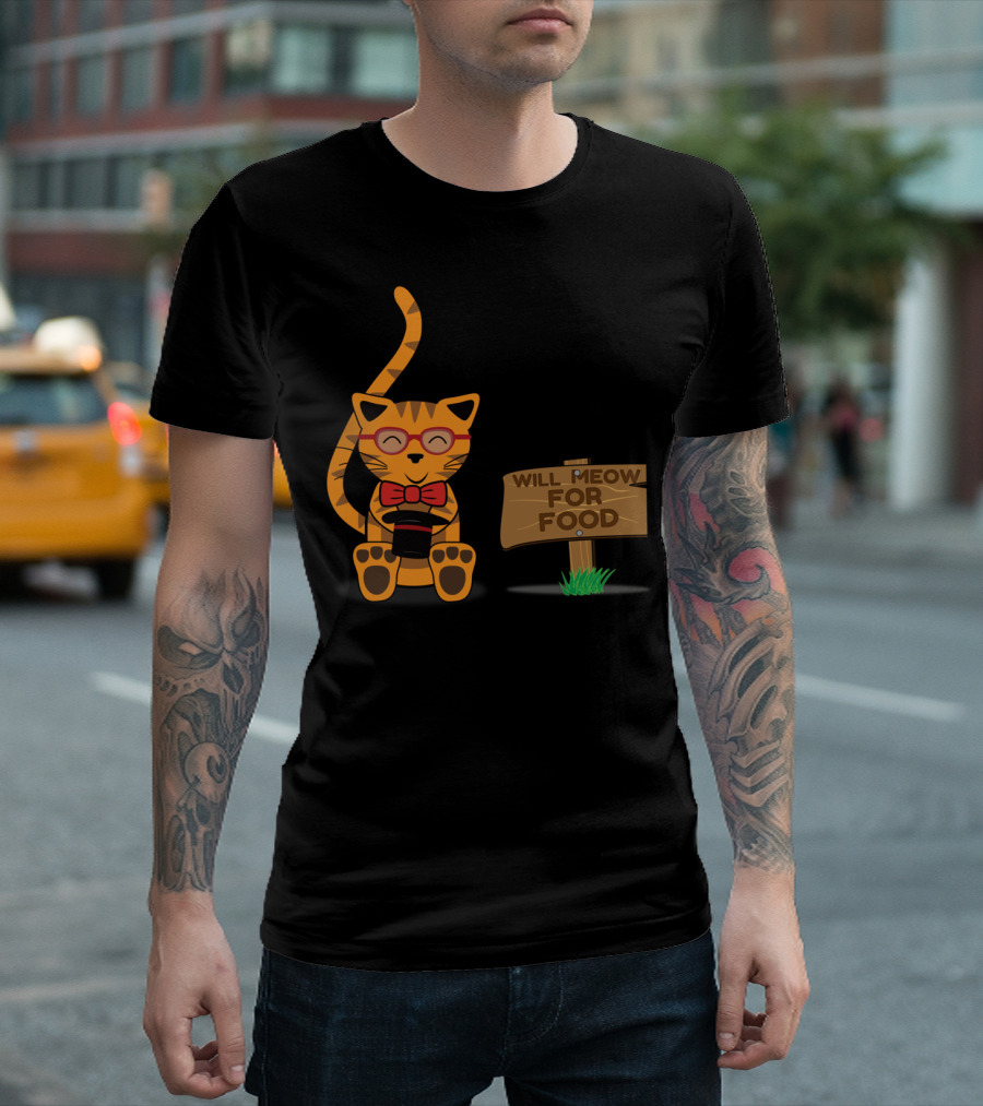 Will Meow For Food Cat with Red Glasses and Bow Tie T-Shirt