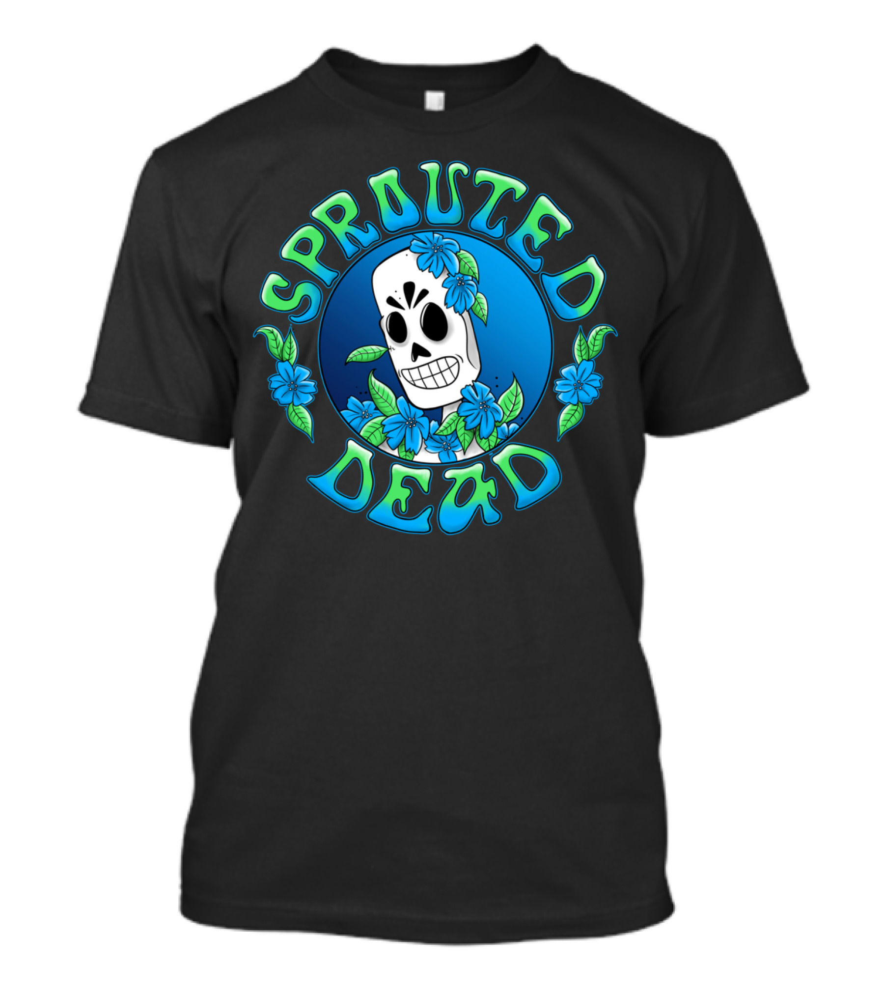 Sprouted Dead Skull With Blue Flowers And Leaves T-Shirt