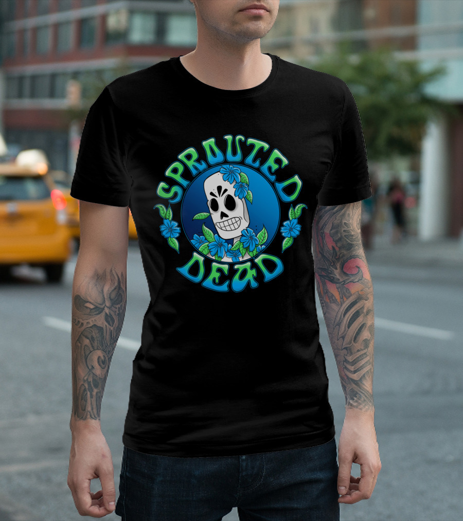 Sprouted Dead Skull With Blue Flowers And Leaves T-Shirt