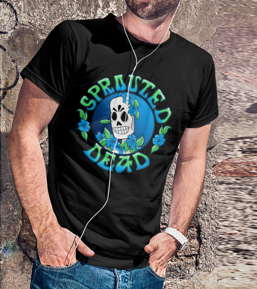 Sprouted Dead Skull With Blue Flowers And Leaves T-Shirt