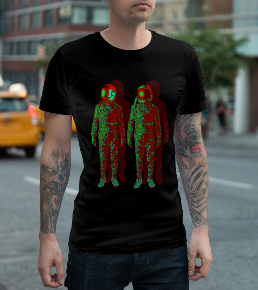 Red and Green Astronauts in The Shadow with Yin Yang Helmet Reflection T-Shirt