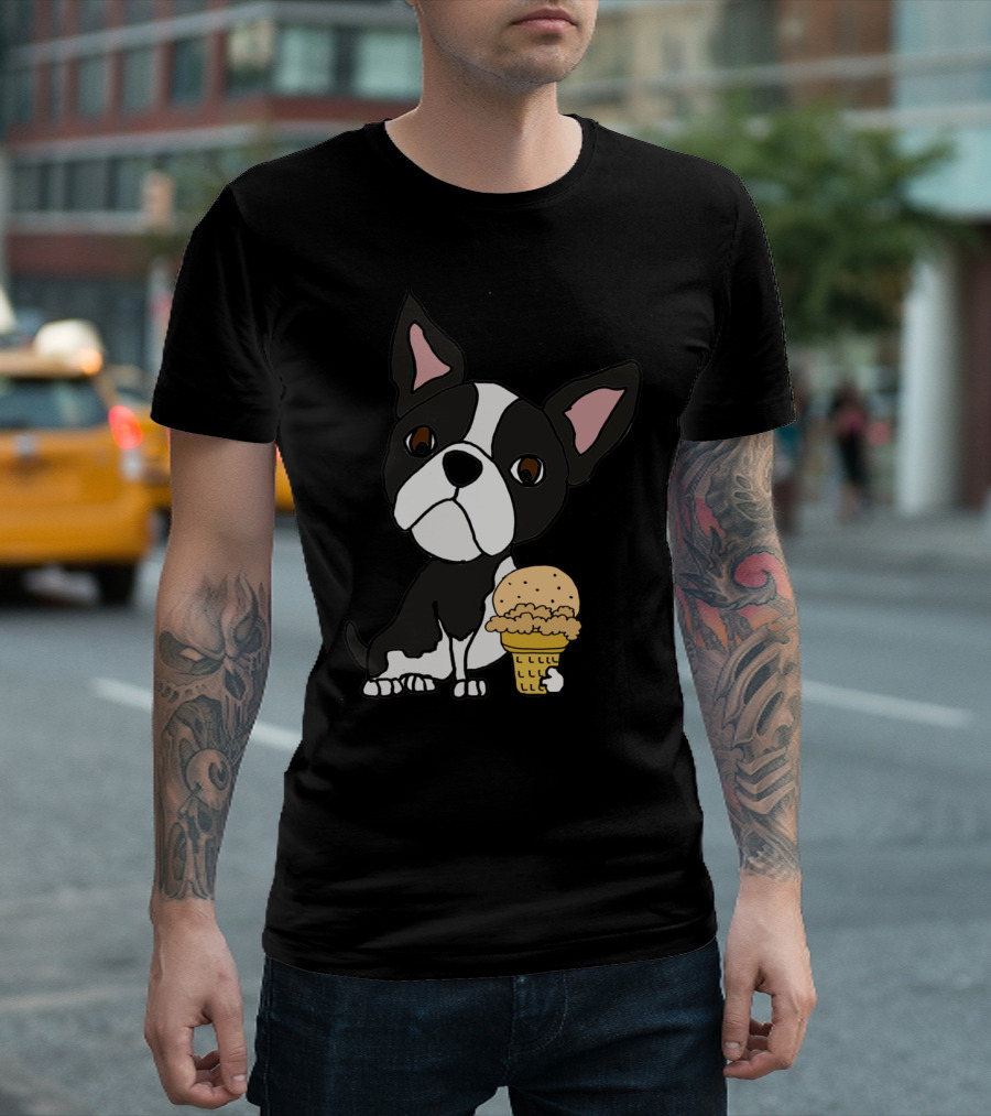 Funny Cool Boston Terrier Dog Eating Ice Cream T-Shirt