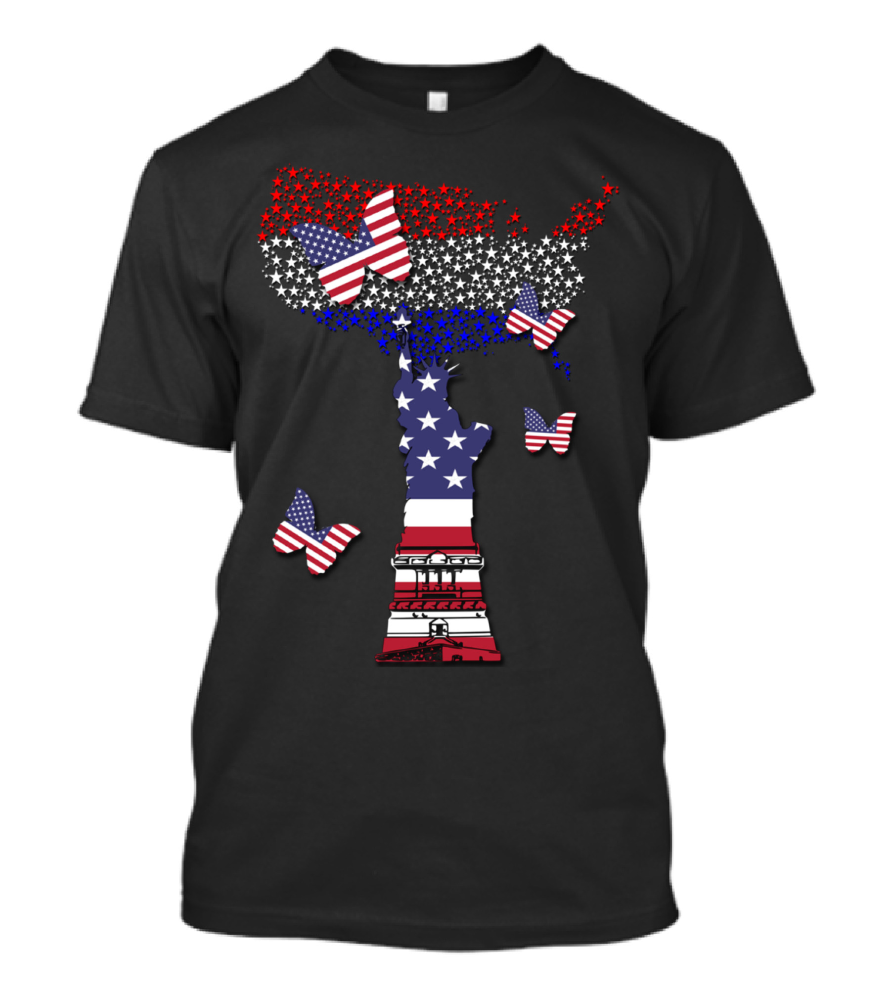 America Red White And Blue Statue Of Liberty And Butterflies T-Shirt