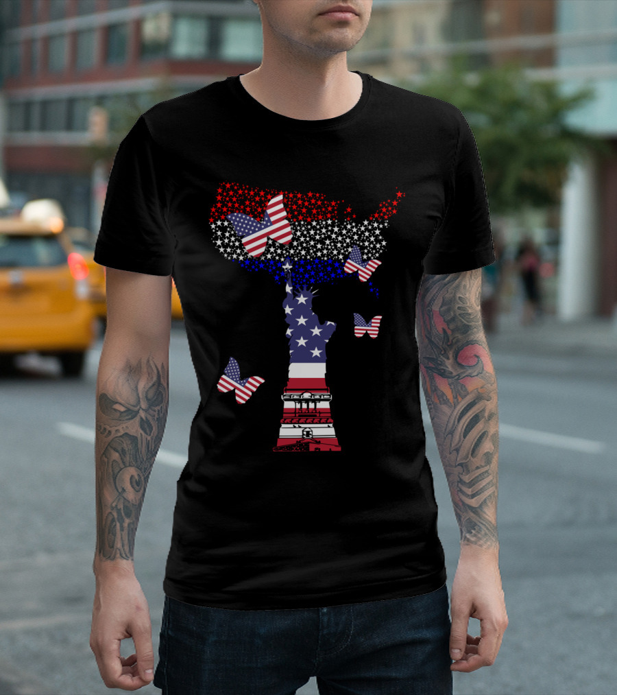 America Red White And Blue Statue Of Liberty And Butterflies T-Shirt
