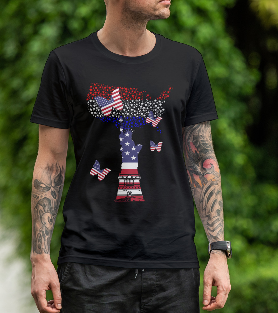 America Red White And Blue Statue Of Liberty And Butterflies T-Shirt