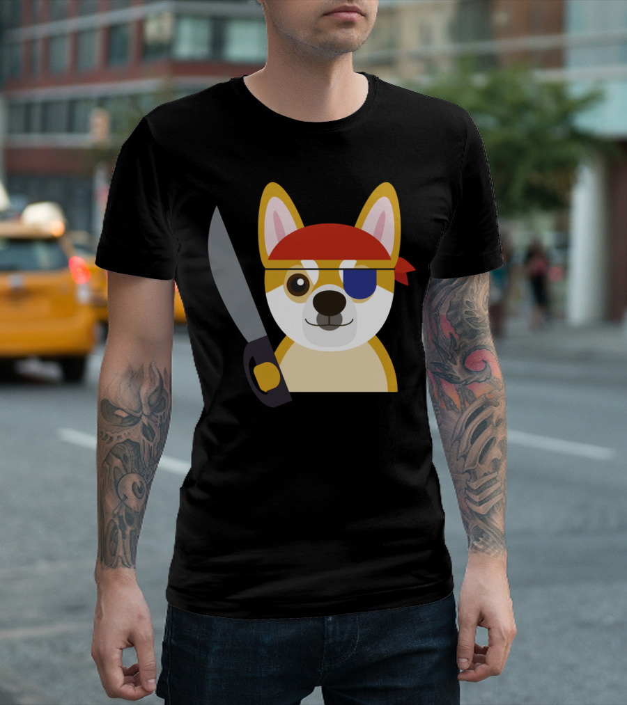Captain Pirate Shiba Sword Bandana Eye Patch T-Shirt