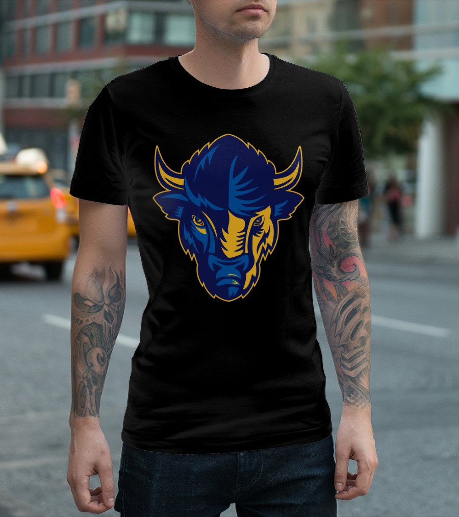 American Bison Head Blue and Yellow Sports T-Shirt