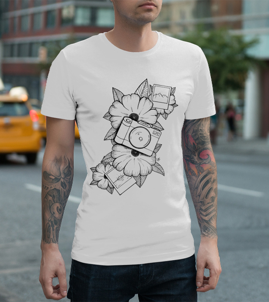 Capture Life Vane Camera with Flowers and Polaroid Images T-Shirt