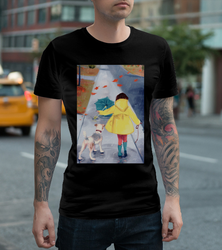 Rainy Walk with Dog and Yellow Raincoat Umbrella T-Shirt