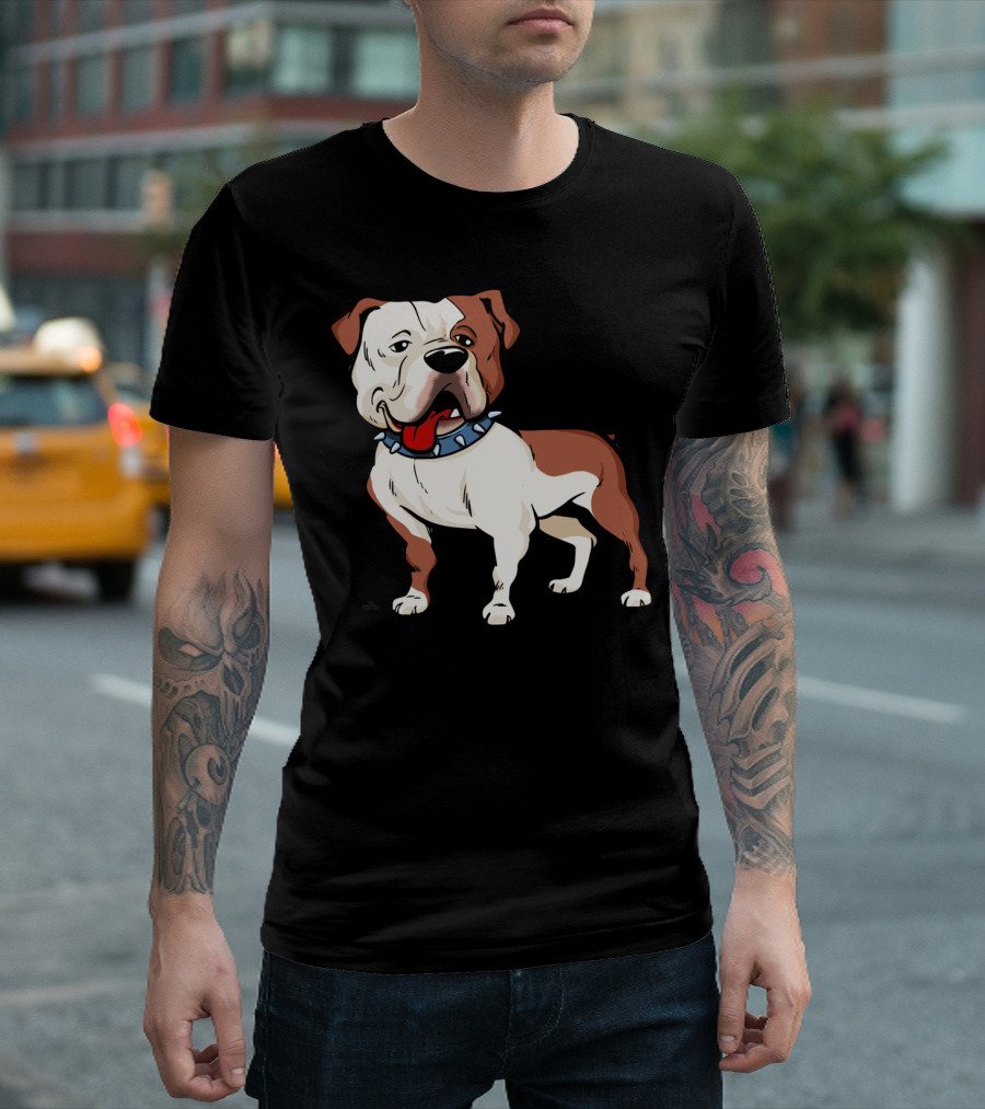 American Bulldog Character with Spiked Collar Cartoon T-Shirt