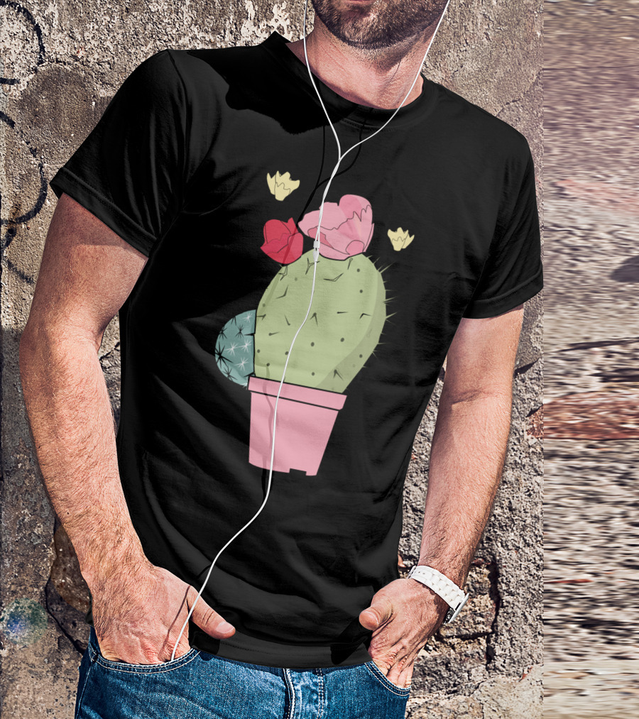 Pastel Colors Cactus In Pink Pot With Flowers T-Shirt