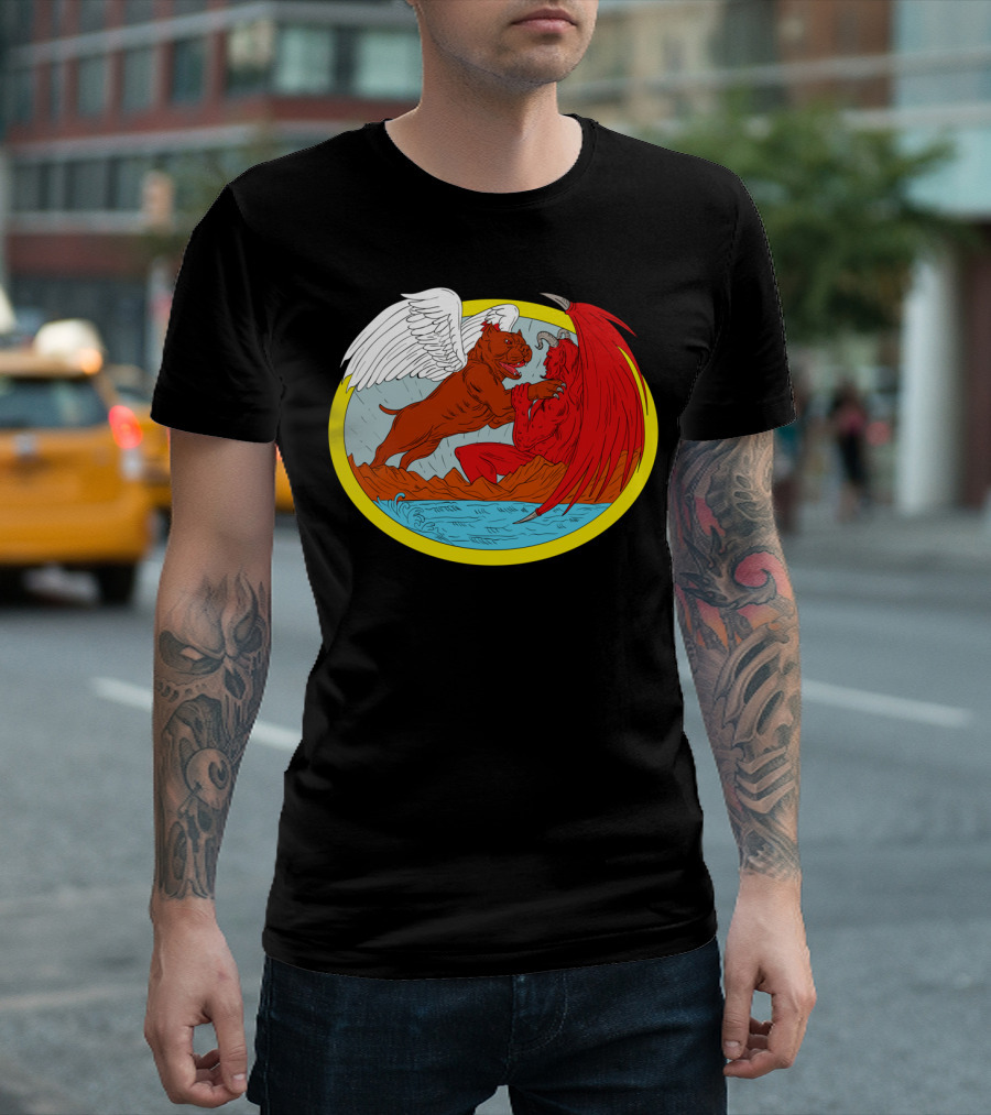 American Bully Dog With Wings Battling Red Devil Creature T-Shirt