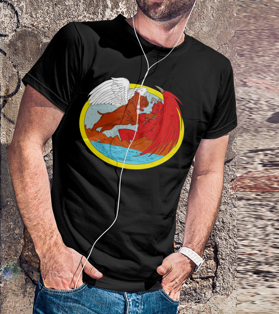 American Bully Dog With Wings Battling Red Devil Creature T-Shirt