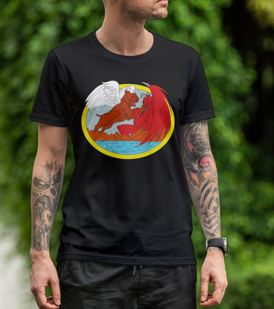 American Bully Dog With Wings Battling Red Devil Creature T-Shirt